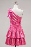 Sparkly Metallic Fuchsia One Shoulder A Line Short Cocktail Dress