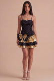 Sparkly Black Golden Metallic Ruffled Short Cocktail Dress