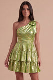 Sparkly Metallic Fuchsia One Shoulder A Line Short Cocktail Dress