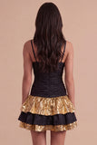 Sparkly Black Golden Metallic Ruffled Short Cocktail Dress