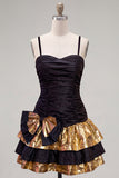 Sparkly Black Golden Metallic Ruffled Short Cocktail Dress