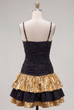 Sparkly Black Golden Metallic Ruffled Short Cocktail Dress