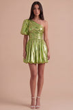 Green Sparkly Metallic One Shoulder A Line Short Cocktail Dress