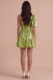 Green Sparkly Metallic One Shoulder A Line Short Cocktail Dress