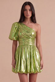 Green Sparkly Metallic One Shoulder A Line Short Cocktail Dress