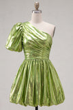 Green Sparkly Metallic One Shoulder A Line Short Cocktail Dress