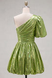 Green Sparkly Metallic One Shoulder A Line Short Cocktail Dress