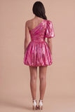 Green Sparkly Metallic One Shoulder A Line Short Cocktail Dress