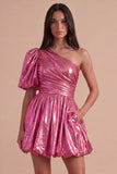 Green Sparkly Metallic One Shoulder A Line Short Cocktail Dress