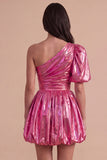 Green Sparkly Metallic One Shoulder A Line Short Cocktail Dress