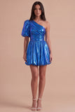 Green Sparkly Metallic One Shoulder A Line Short Cocktail Dress