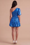Green Sparkly Metallic One Shoulder A Line Short Cocktail Dress