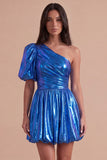 Green Sparkly Metallic One Shoulder A Line Short Cocktail Dress