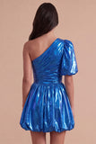 Green Sparkly Metallic One Shoulder A Line Short Cocktail Dress