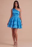 Pink One Shoulder A Line Short Cocktail Dress with Ruffles