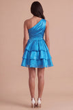 Pink One Shoulder A Line Short Cocktail Dress with Ruffles