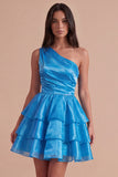 Pink One Shoulder A Line Short Cocktail Dress with Ruffles