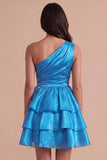 Pink One Shoulder A Line Short Cocktail Dress with Ruffles