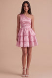 Pink One Shoulder A Line Short Cocktail Dress with Ruffles