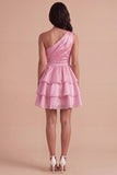 Pink One Shoulder A Line Short Cocktail Dress with Ruffles