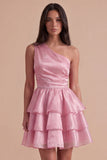Pink One Shoulder A Line Short Cocktail Dress with Ruffles