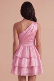 Pink One Shoulder A Line Short Cocktail Dress with Ruffles