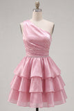 Pink One Shoulder A Line Short Cocktail Dress with Ruffles