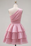 Pink One Shoulder A Line Short Cocktail Dress with Ruffles