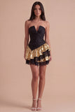 Black Golden Sparkly Metallic Ruffled Short Cocktail Dress