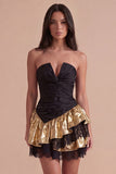 Black Golden Sparkly Metallic Ruffled Short Cocktail Dress