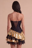 Black Golden Sparkly Metallic Ruffled Short Cocktail Dress
