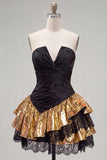 Black Golden Sparkly Metallic Ruffled Short Cocktail Dress