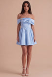 Blue Satin Short Off the Shoulder A Line Cocktail Dress