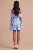 Blue Satin Short Off the Shoulder A Line Cocktail Dress