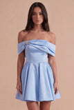 Blue Satin Short Off the Shoulder A Line Cocktail Dress