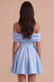Blue Satin Short Off the Shoulder A Line Cocktail Dress