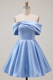 Blue Satin Short Off the Shoulder A Line Cocktail Dress