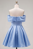 Blue Satin Short Off the Shoulder A Line Cocktail Dress