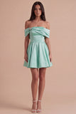 Blue Satin Short Off the Shoulder A Line Cocktail Dress
