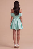 Blue Satin Short Off the Shoulder A Line Cocktail Dress