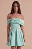 Blue Satin Short Off the Shoulder A Line Cocktail Dress