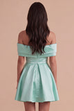 Blue Satin Short Off the Shoulder A Line Cocktail Dress