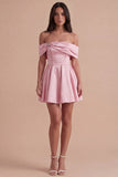 Blue Satin Short Off the Shoulder A Line Cocktail Dress