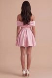 Blue Satin Short Off the Shoulder A Line Cocktail Dress