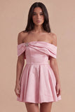 Blue Satin Short Off the Shoulder A Line Cocktail Dress