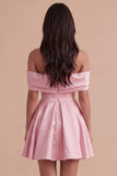 Blue Satin Short Off the Shoulder A Line Cocktail Dress