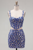 Dark Blue Sparkly Beaded 2 Piece Corset Short Cocktail Dress
