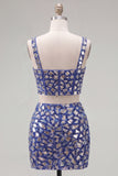 Dark Blue Sparkly Beaded 2 Piece Corset Short Cocktail Dress