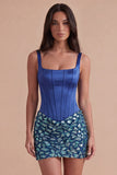 Sparkly Dark Blue Beaded Corset Bodycon Short Cocktail Dress