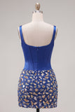Sparkly Dark Blue Beaded Corset Bodycon Short Cocktail Dress